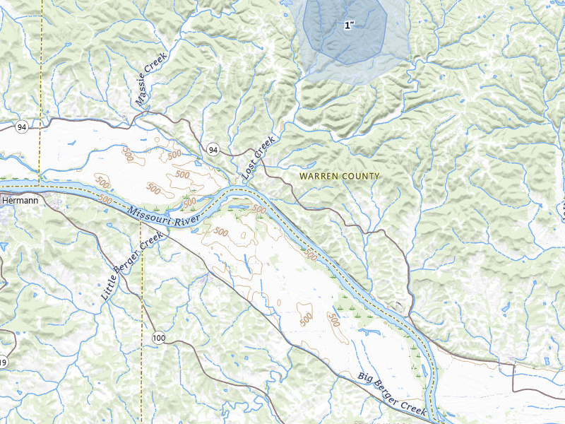 NEXRAD radar-signature map of the hail storm over Marthasville, MO on Apr 17, 2026