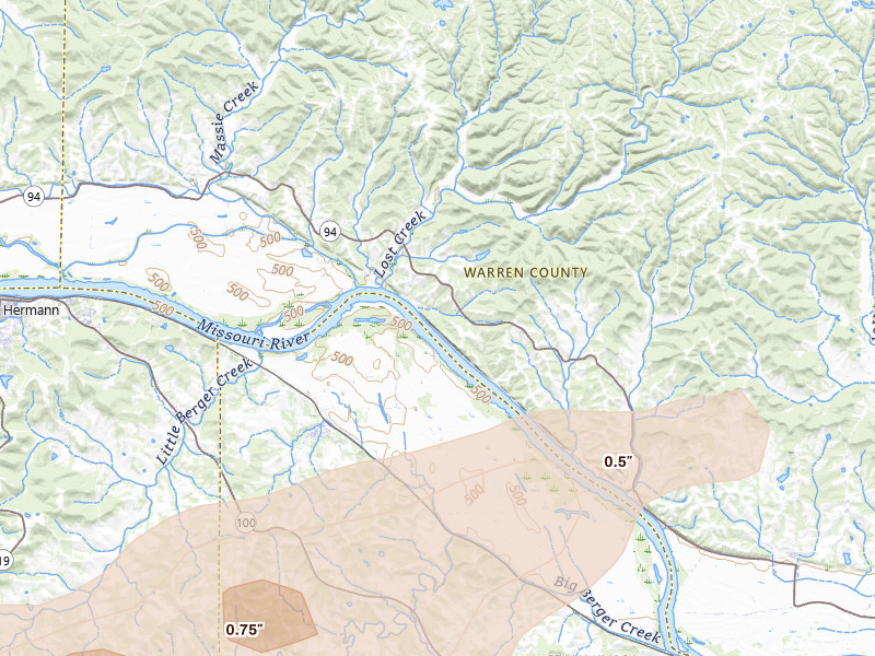 Radar-estimated hail-size map of the storm over Marthasville, MO on Apr 26, 2026
