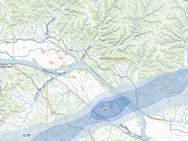 NEXRAD radar-signature map of the hail storm over Marthasville, MO on Apr 26, 2026