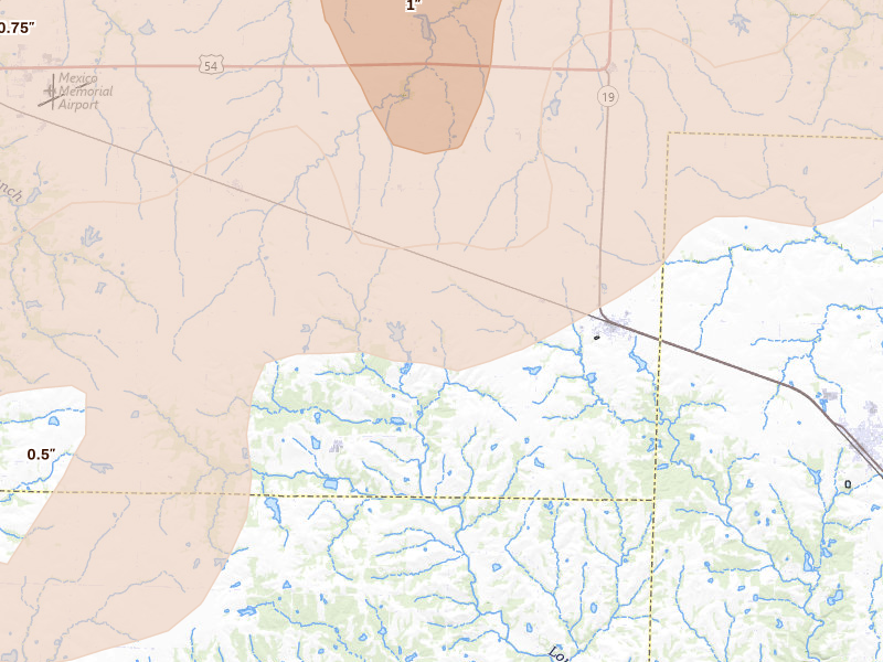 Radar-estimated hail-size map of the storm over Martinsburg, MO on Apr 27, 2026