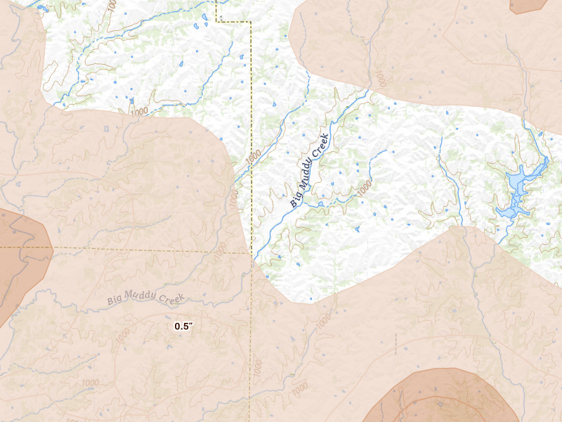 Radar-estimated hail-size map of the storm over Martinsville, MO on May 16, 2026