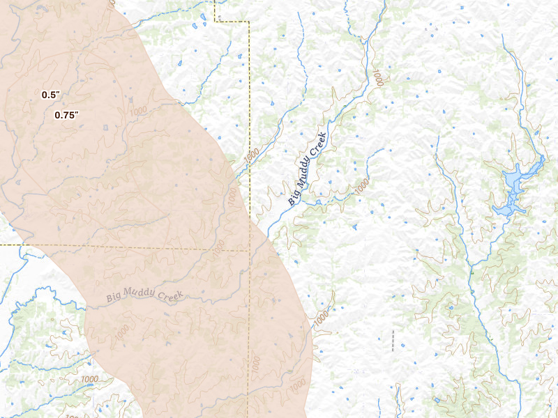 Radar-estimated hail-size map of the storm over Martinsville, MO on Jul 20, 2026