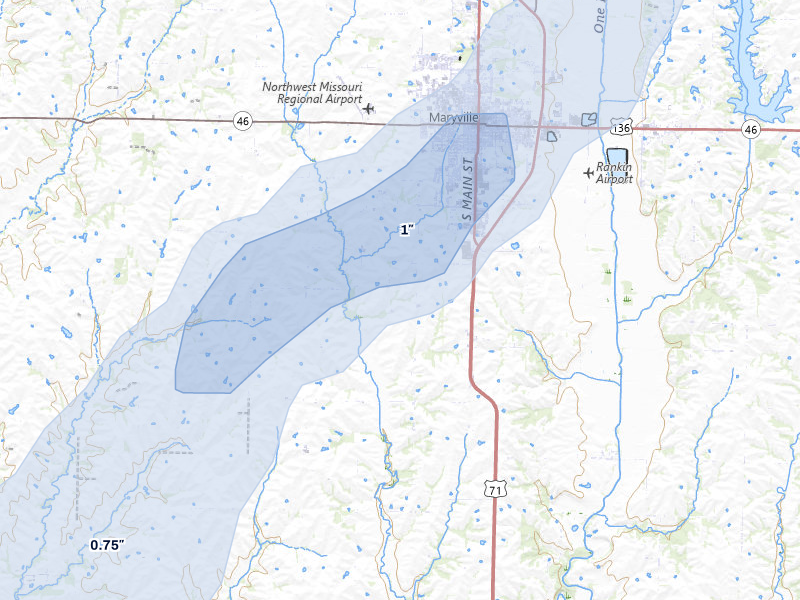 NEXRAD radar-signature map of the hail storm over Maryville, MO on Mar 5, 2026