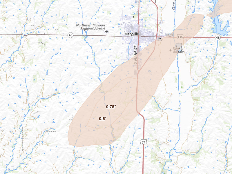 Radar-estimated hail-size map of the storm over Maryville, MO on Apr 17, 2026
