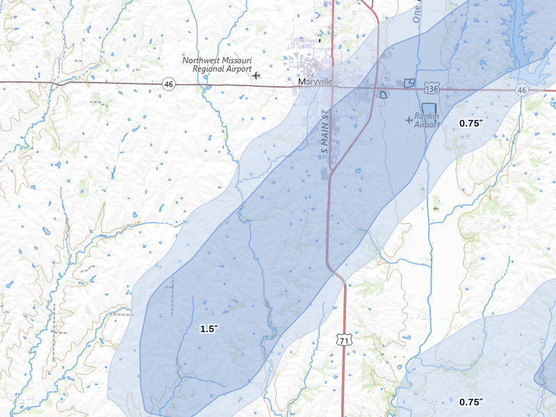 NEXRAD radar-signature map of the hail over Maryville, MO