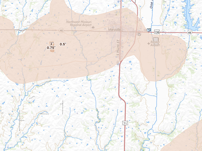 Radar-estimated hail-size map of the storm over Maryville, MO on May 16, 2026