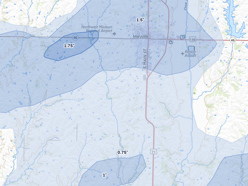 NEXRAD radar-signature map of the hail storm over Maryville, MO on May 16, 2026