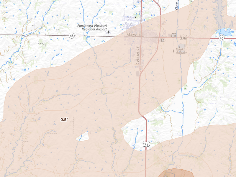 Radar-estimated hail-size map of the storm over Maryville, MO on Jun 10, 2026