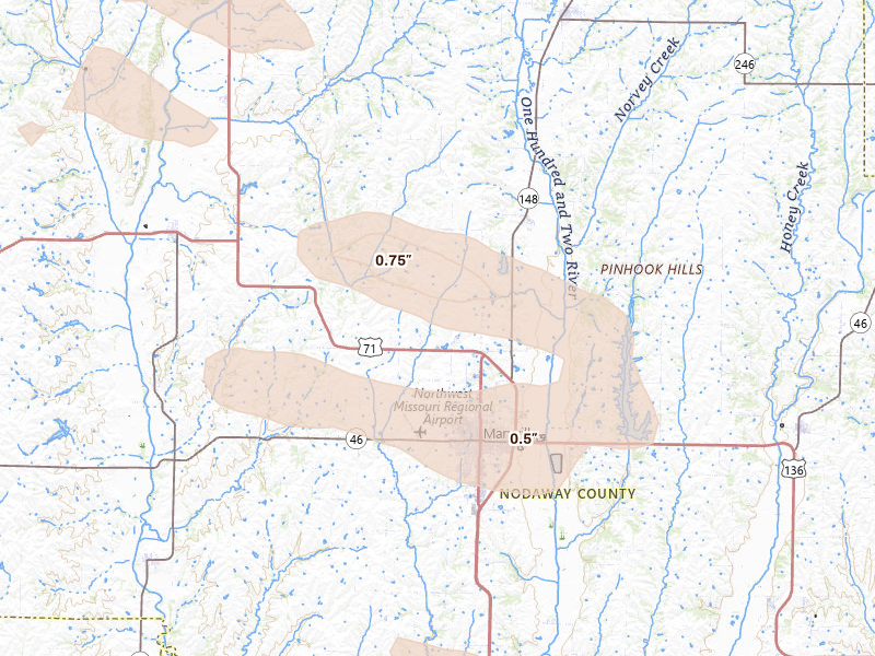 Radar-estimated hail-size map of the storm over Maryville, MO on Aug 9, 2026