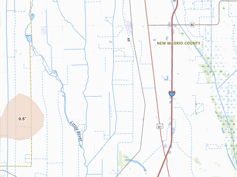 Radar-estimated hail-size map of the storm over Matthews, MO on Mar 4, 2026