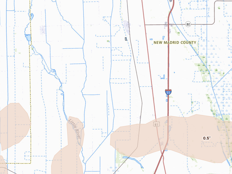 Radar-estimated hail-size map of the storm over Matthews, MO on Apr 27, 2026