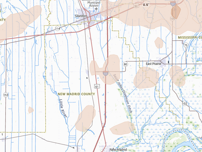 Radar-estimated hail-size map of the storm over Matthews, MO on Aug 19, 2026