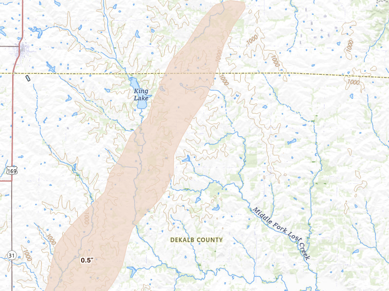 Radar-estimated hail-size map of the storm over Maysville, MO on Mar 5, 2026