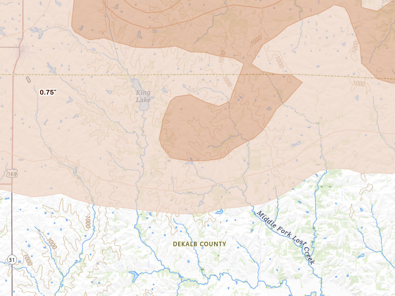 Radar-estimated hail-size map of the storm over Maysville, MO on May 16, 2026