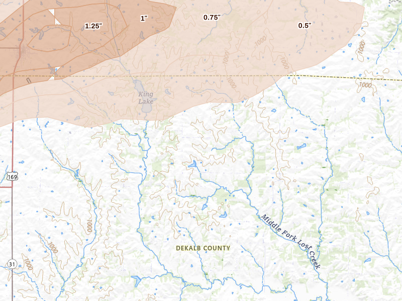 Radar-estimated hail-size map of the storm over Maysville, MO on Jun 4, 2026