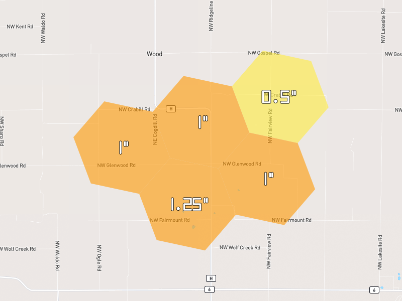 Hail map of Maysville, MO on Jun 6, 2026, hail up to 1.25"