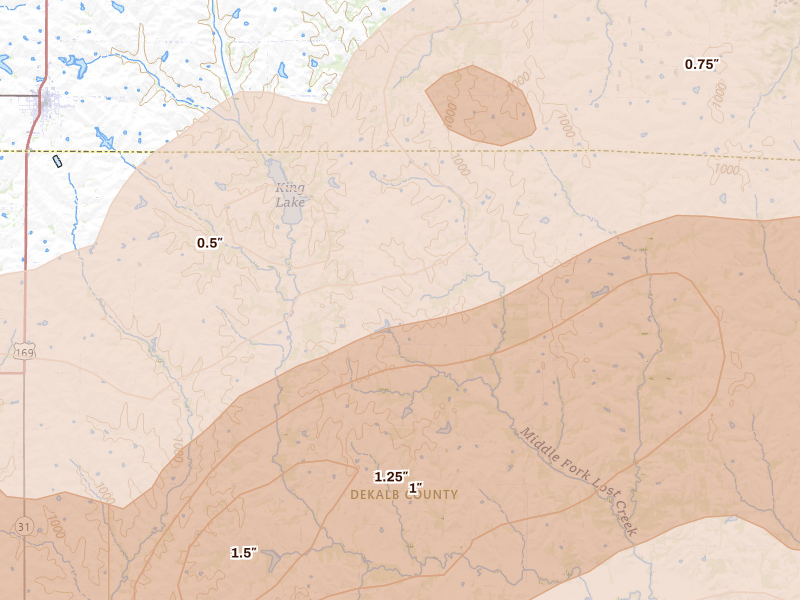 Radar-estimated hail-size map of the storm over Maysville, MO on Jun 10, 2026
