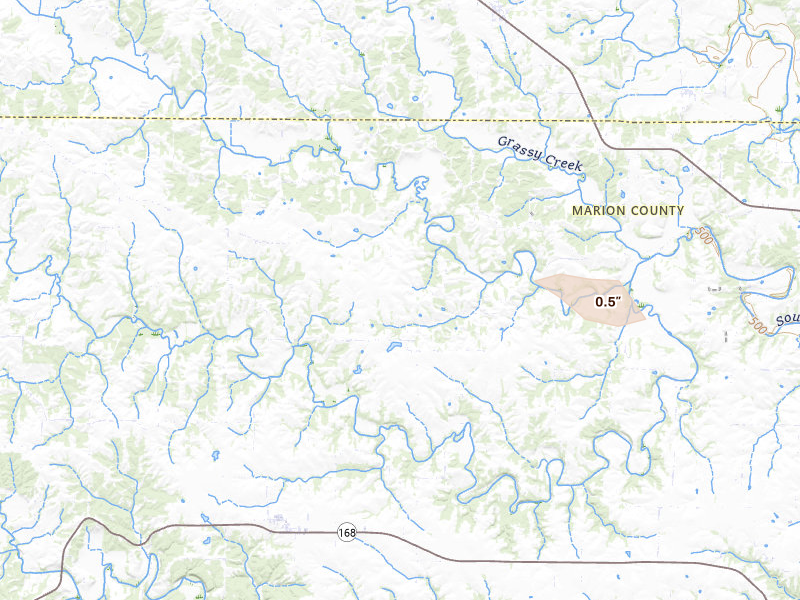Radar-estimated hail-size map of the storm over Maywood, MO on May 4, 2026