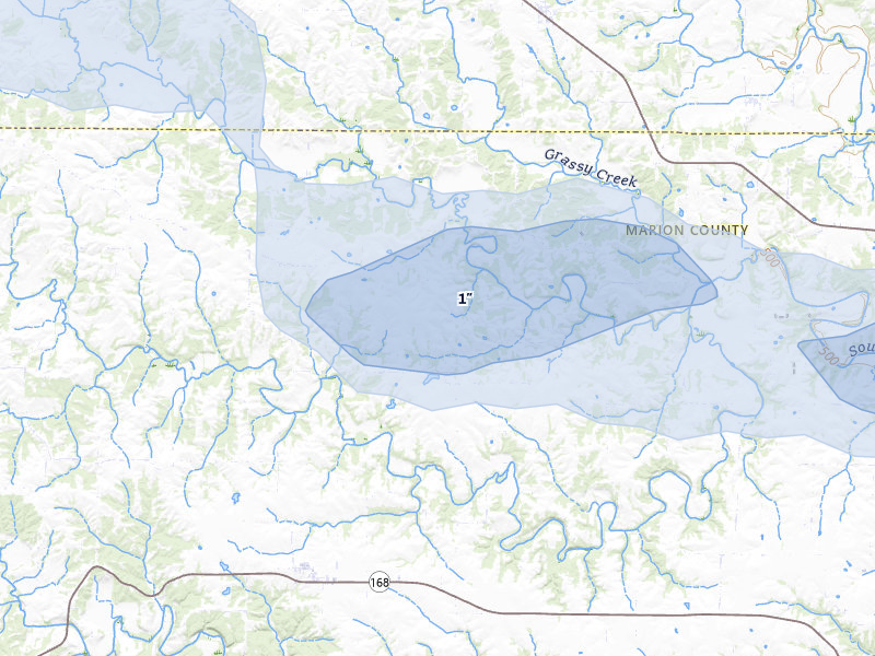 NEXRAD radar-signature map of the hail storm over Maywood, MO on May 4, 2026