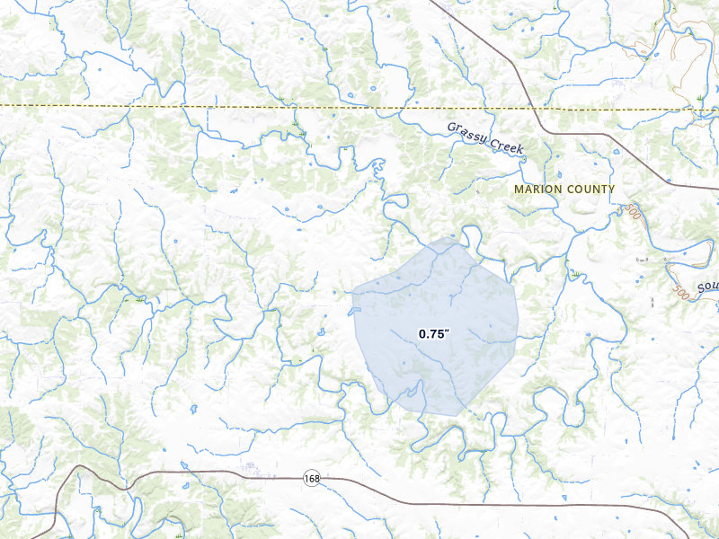 NEXRAD radar-signature map of the hail storm over Maywood, MO on May 17, 2026