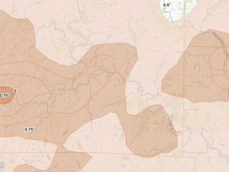 Radar-estimated hail-size map of the storm over Mc Fall, MO on May 16, 2026