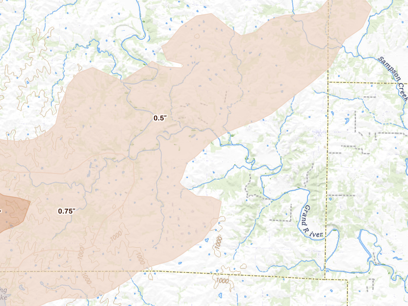 Radar-estimated hail-size map of the storm over Mc Fall, MO on Jun 4, 2026
