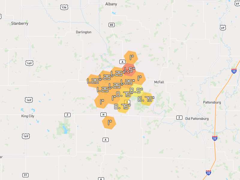 Hail map of Mc Fall, MO on Jun 5, 2026, hail up to 1.5"