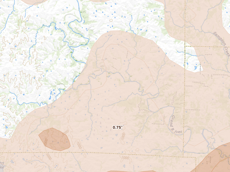 Radar-estimated hail-size map of the storm over Mc Fall, MO on Jun 10, 2026