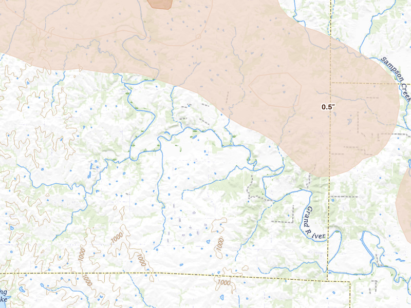 Radar-estimated hail-size map of the storm over Mc Fall, MO on Aug 8, 2026