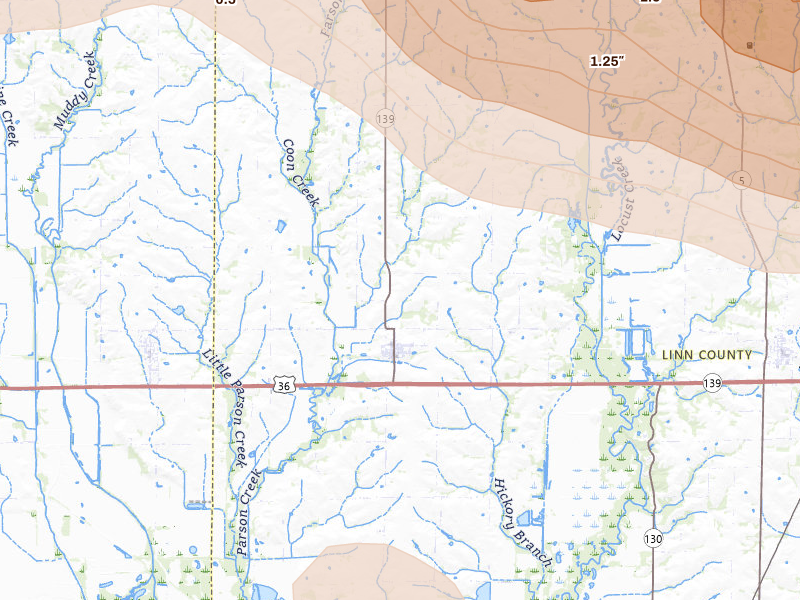 Radar-estimated hail-size map of the storm over Meadville, MO on May 16, 2026
