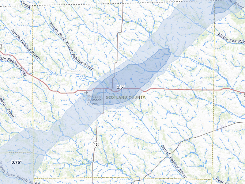 NEXRAD radar-signature map of the hail storm over Memphis, MO on Mar 5, 2026