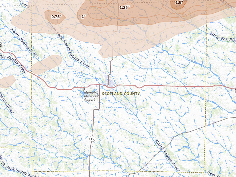 Radar-estimated hail-size map of the storm over Memphis, MO on Mar 10, 2026