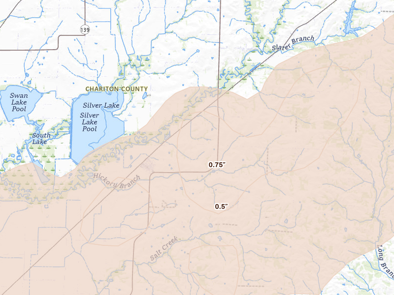 Radar-estimated hail-size map of the storm over Mendon, MO on Mar 10, 2026