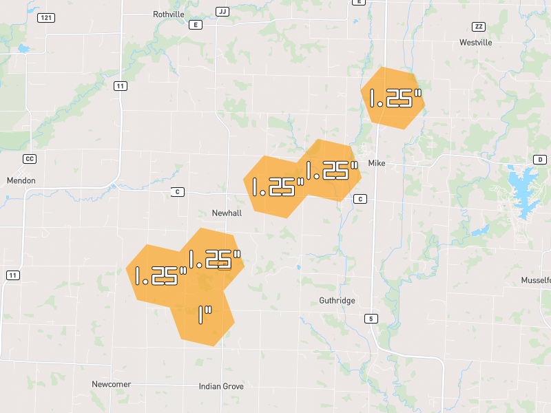 Hail map of Mendon, MO on Jun 1, 2026, hail up to 1.25"