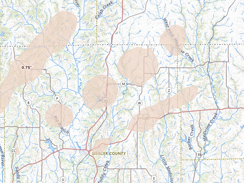 Radar-estimated hail-size map of the storm over Mercer, MO on Apr 2, 2026