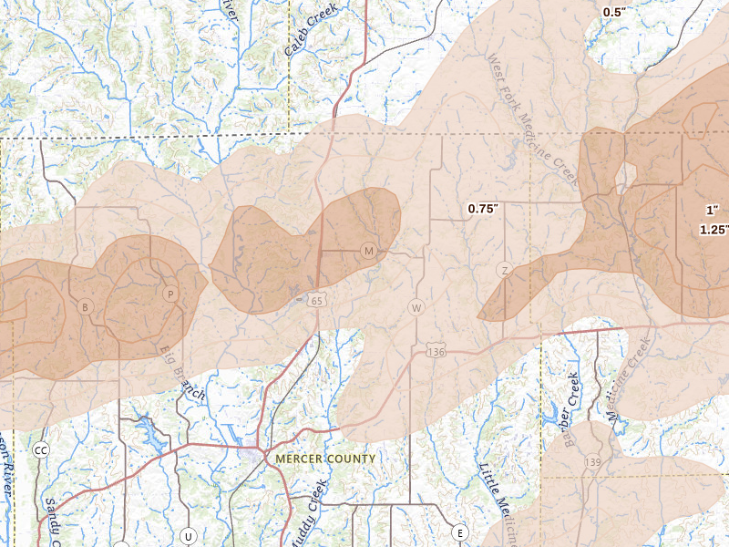 Radar-estimated hail-size map of the storm over Mercer, MO on Apr 17, 2026