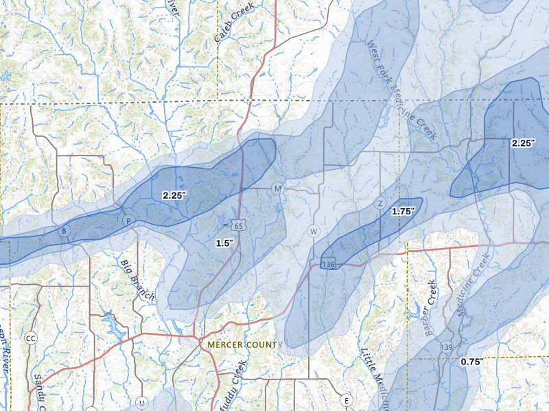 NEXRAD radar-signature map of the hail over Mercer, MO