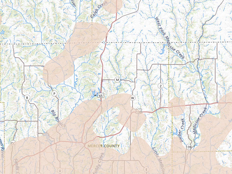 Radar-estimated hail-size map of the storm over Mercer, MO on Jun 10, 2026