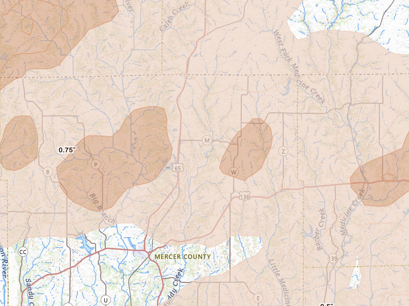 Radar-estimated hail-size map of the storm over Mercer, MO on Jun 11, 2026