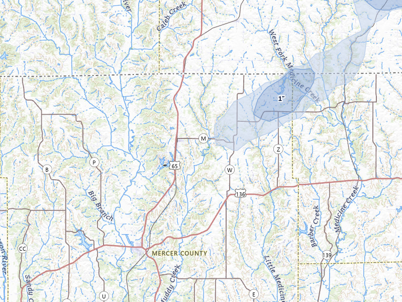NEXRAD radar-signature map of the hail storm over Mercer, MO on Jul 3, 2026