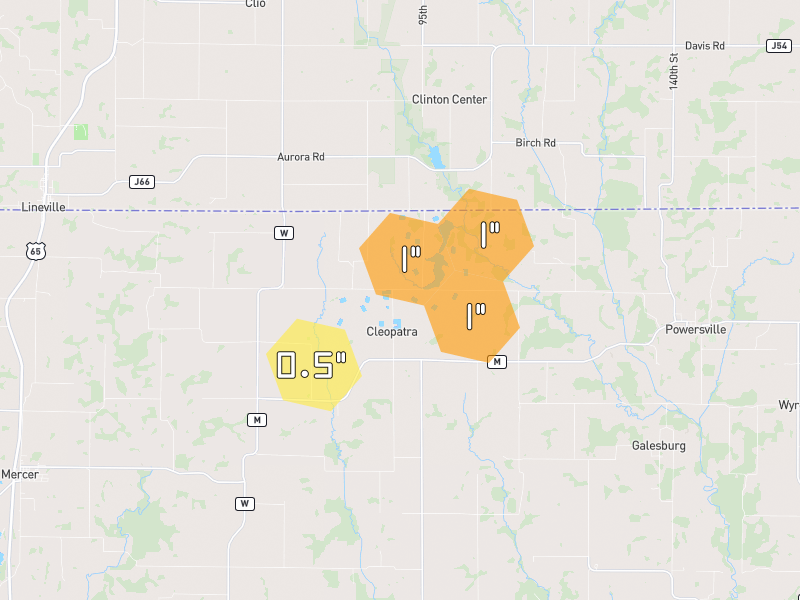 Hail map of Mercer, MO on Jul 4, 2026, hail up to 1"