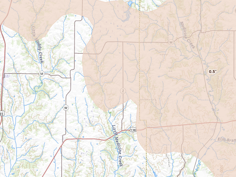 Radar-estimated hail-size map of the storm over Mercer, MO on Aug 4, 2026