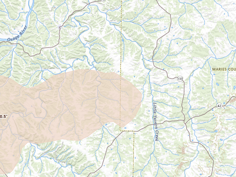 Radar-estimated hail-size map of the storm over Meta, MO on Apr 26, 2026