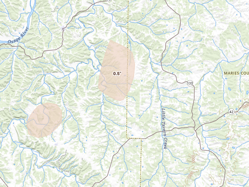 Radar-estimated hail-size map of the storm over Meta, MO on Apr 28, 2026