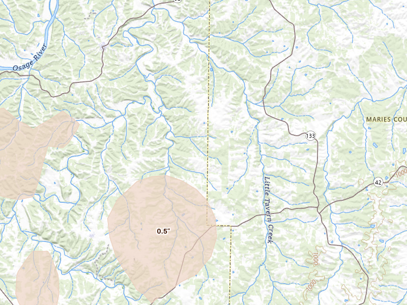Radar-estimated hail-size map of the storm over Meta, MO on Aug 18, 2026