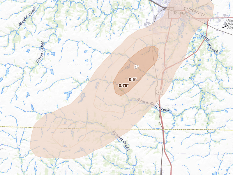Radar-estimated hail-size map of the storm over Mexico, MO on Apr 17, 2026