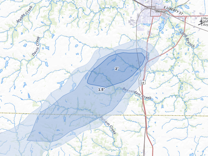NEXRAD radar-signature map of the hail over Mexico, MO