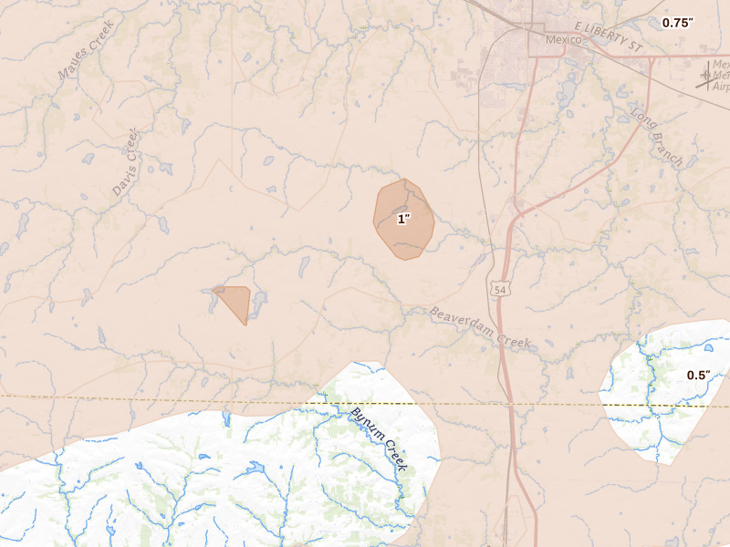 Radar-estimated hail-size map of the storm over Mexico, MO on Apr 27, 2026
