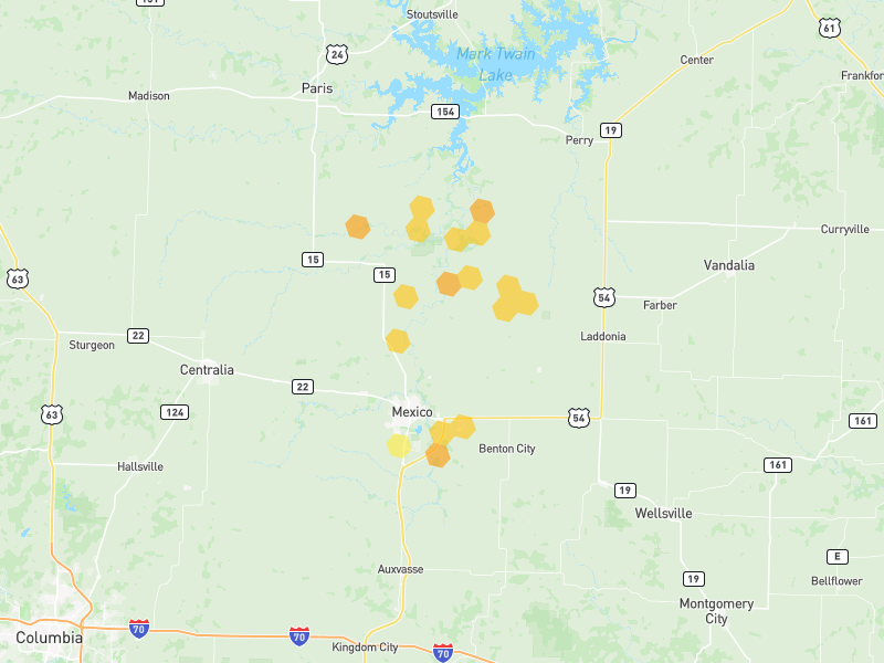 Hail map of Mexico, MO on Jun 1, 2026, hail up to 1"