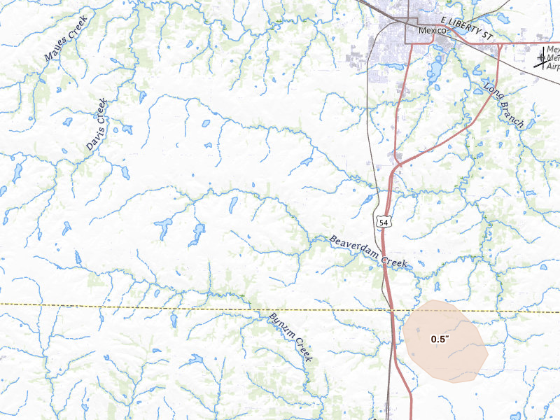 Radar-estimated hail-size map of the storm over Mexico, MO on Jul 5, 2026